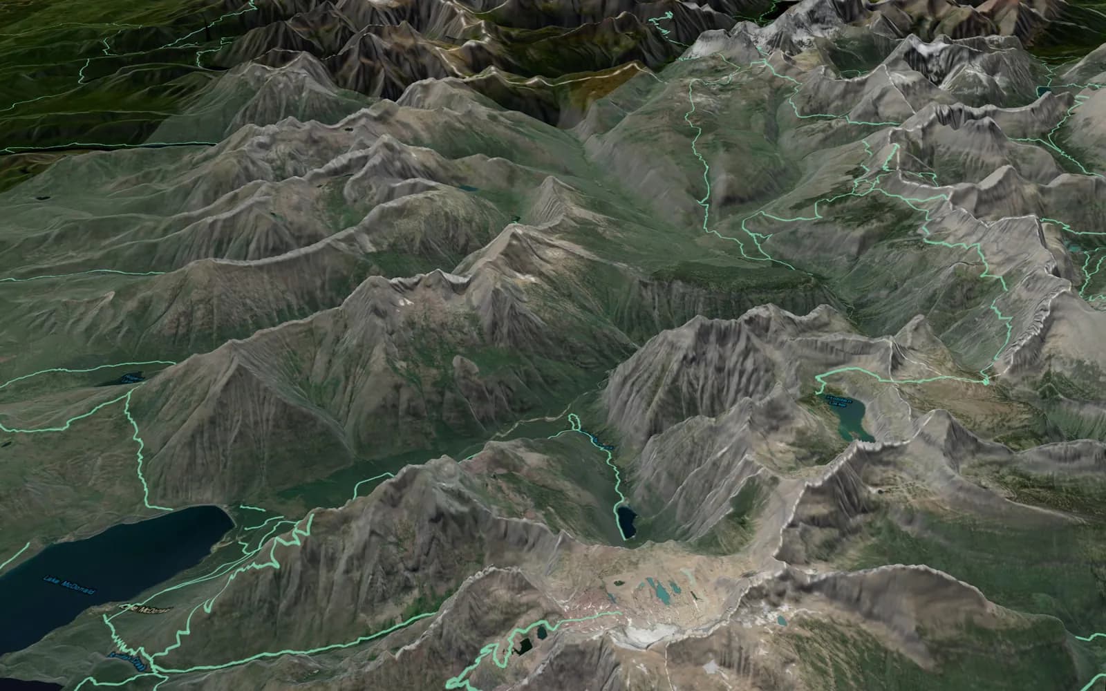 Sunomi's 3D map of Glacier National Park with mapped trails around Hidden Lake and Lake McDonald