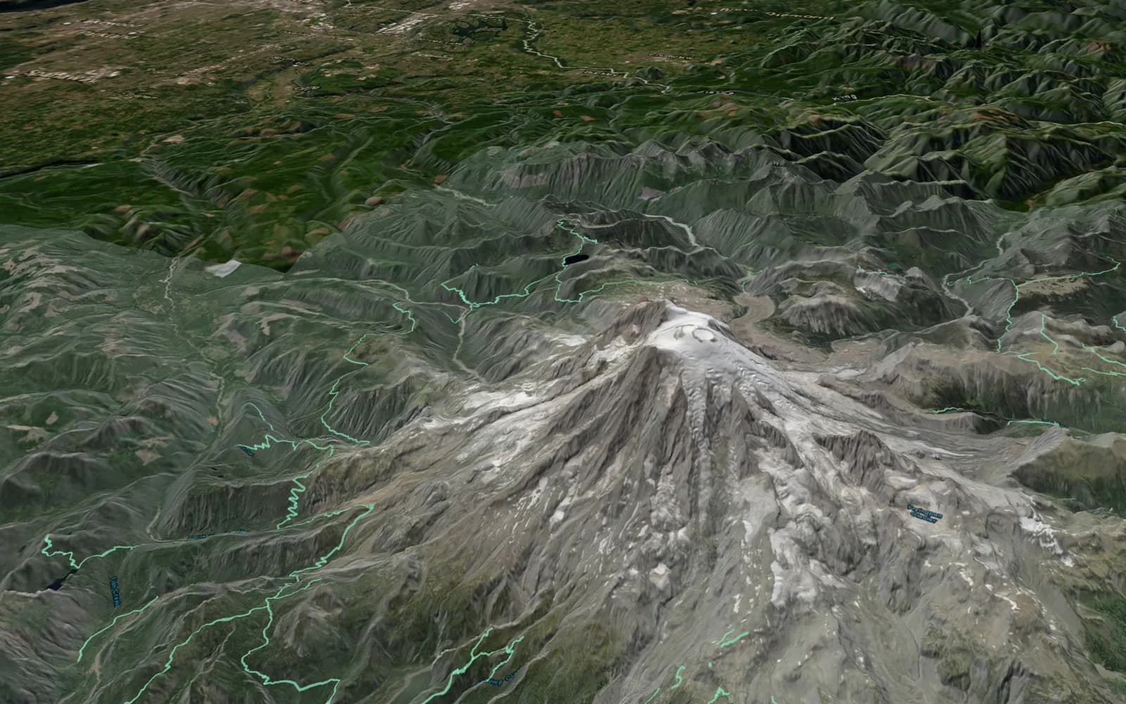 Sunomi's 3D map of Mount Rainier with its mapped trail network